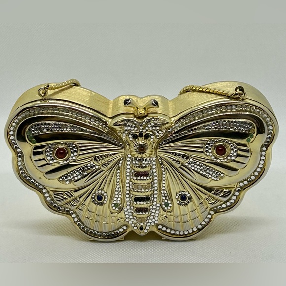 Judith Leiber RARE Butterfly Minaudiere Bag Cabachon & Swarovski Brushed Gold - Picture 8 of 12